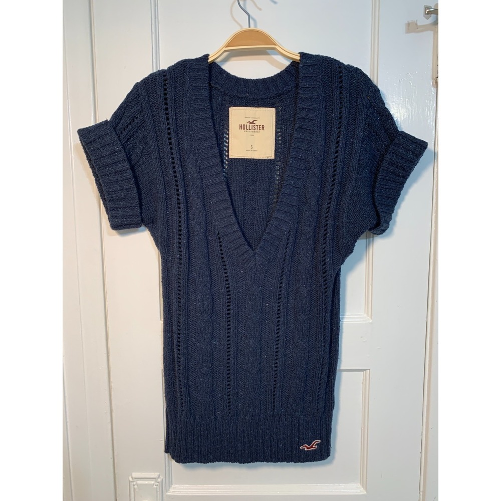 Y2K Vintage Hollister Navy Blue Deep‎ V Neck Cableknit Sweater / Size S